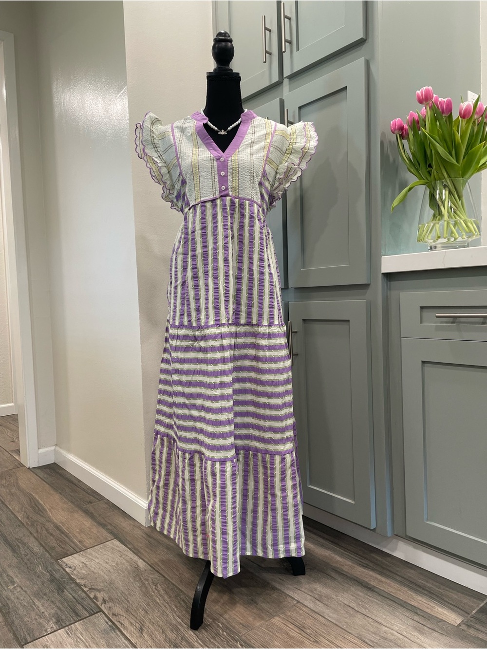 Umgee Purple & White Striped Tiered Maxi Dress